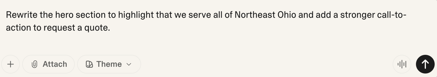 AI chat interface showing how easily you can update your website with simple prompts